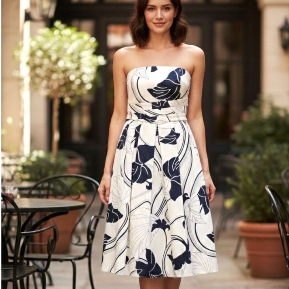 ANN TAYLOR Silk Strapless Floral Midi Dress Womens 4 Cream Navy Blue NWT Wedding